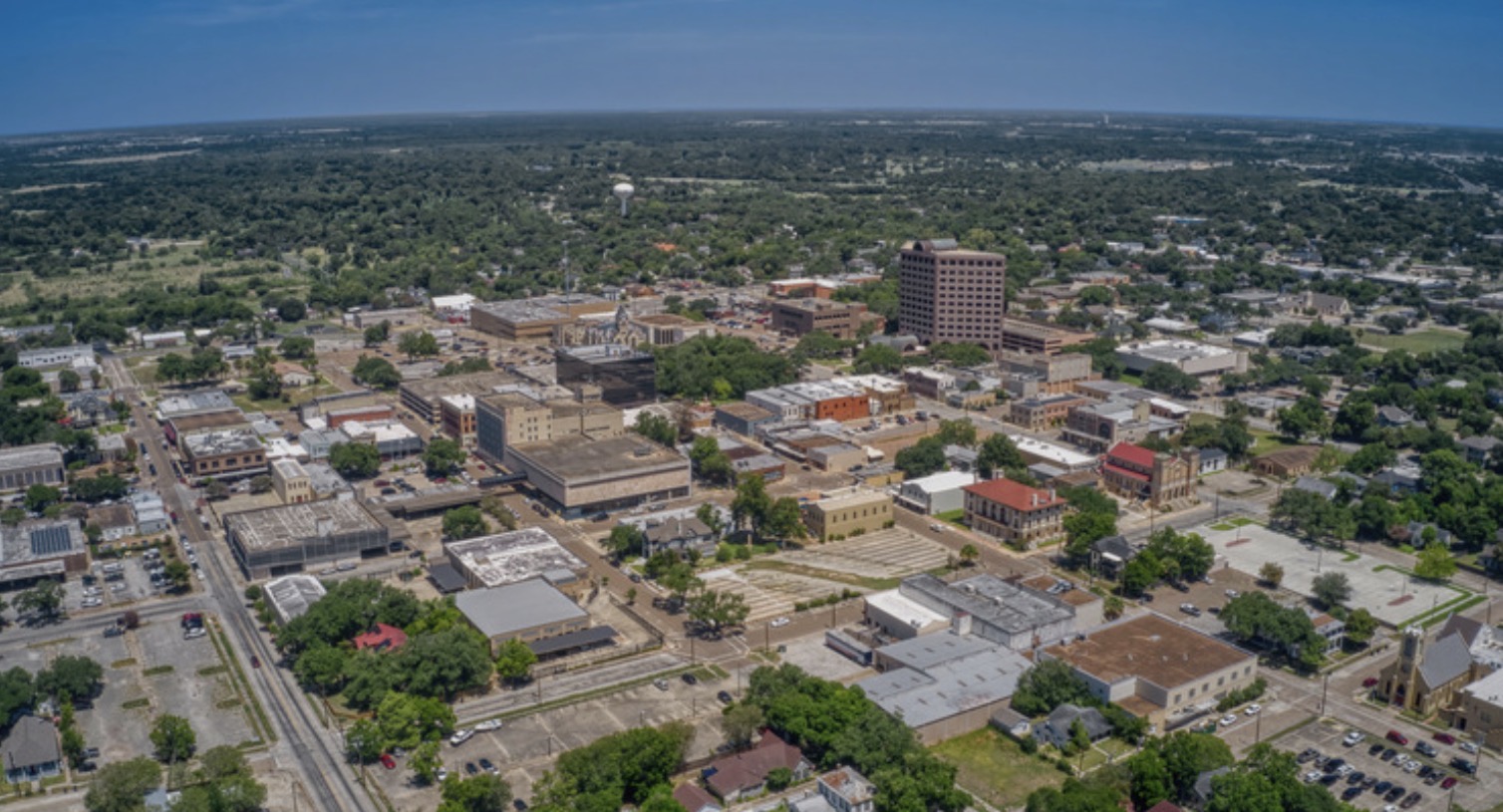 Aerial view of a Texas town, home to W. Fix